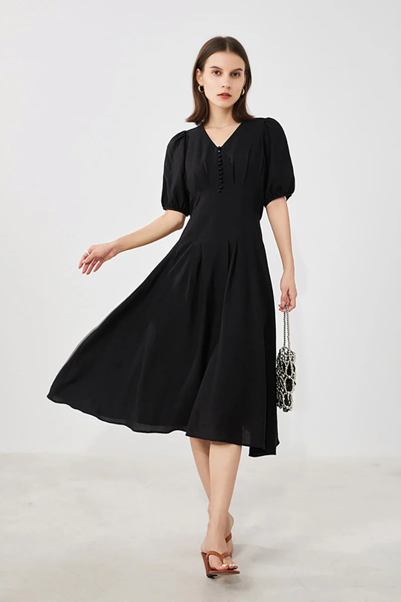 Black V-Neck A-Line Midi Dress