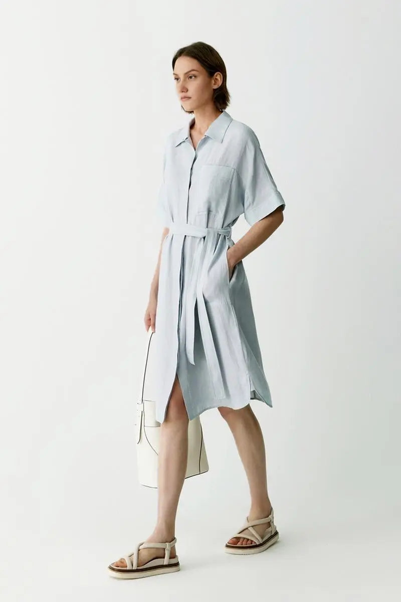100% Linen Midi Shirt Dress With Belt