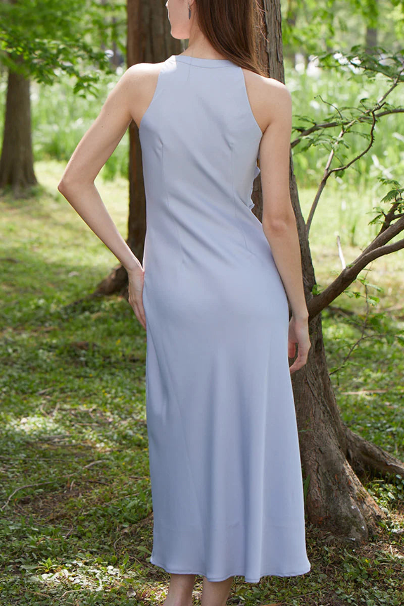 Dusty Blue Cowl-Neck Sleeveless Midi Dress
