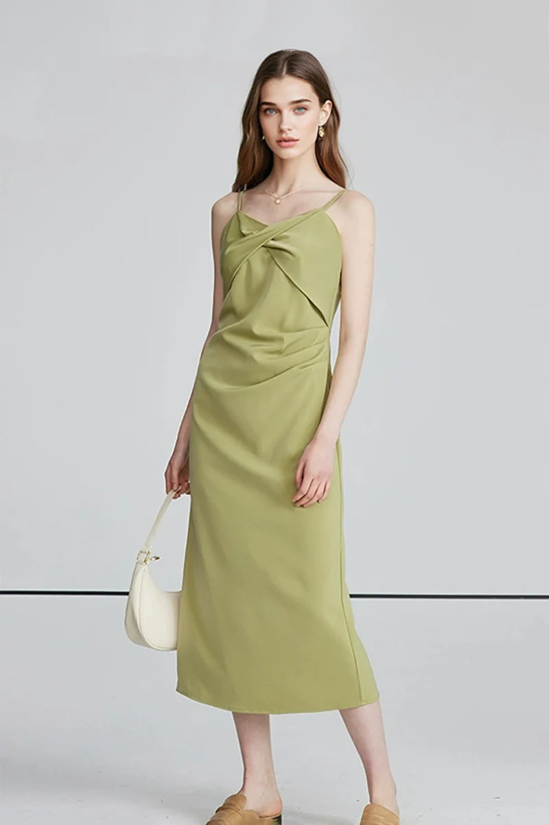 Green Spaghetti-Strap Twist-Front Midi Dress