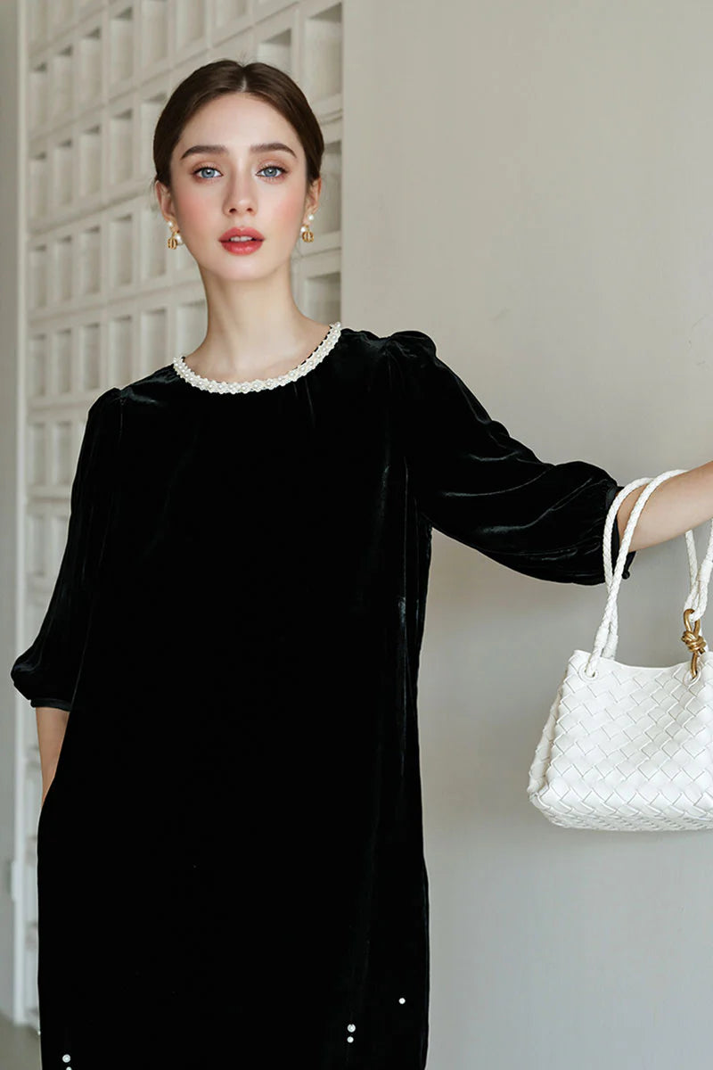 Ostrich-Feather Velvet Elbow-Sleeve Midi Dress with Pearl Trim
