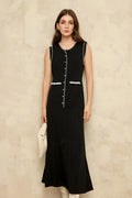French Sleeveless Handmade Embellished Knit Midi Dress