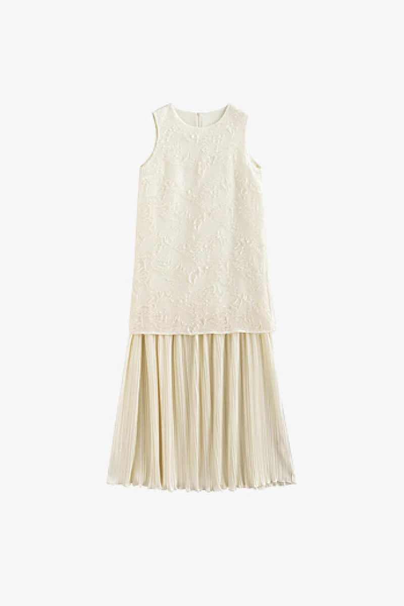 White Pleated Frayed Jacquard Mixed-Media Midi Dress