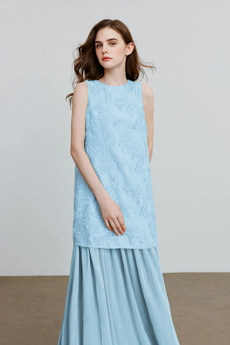 Blue Frayed Jacquard Pleated Mixed-Media Midi Dress
