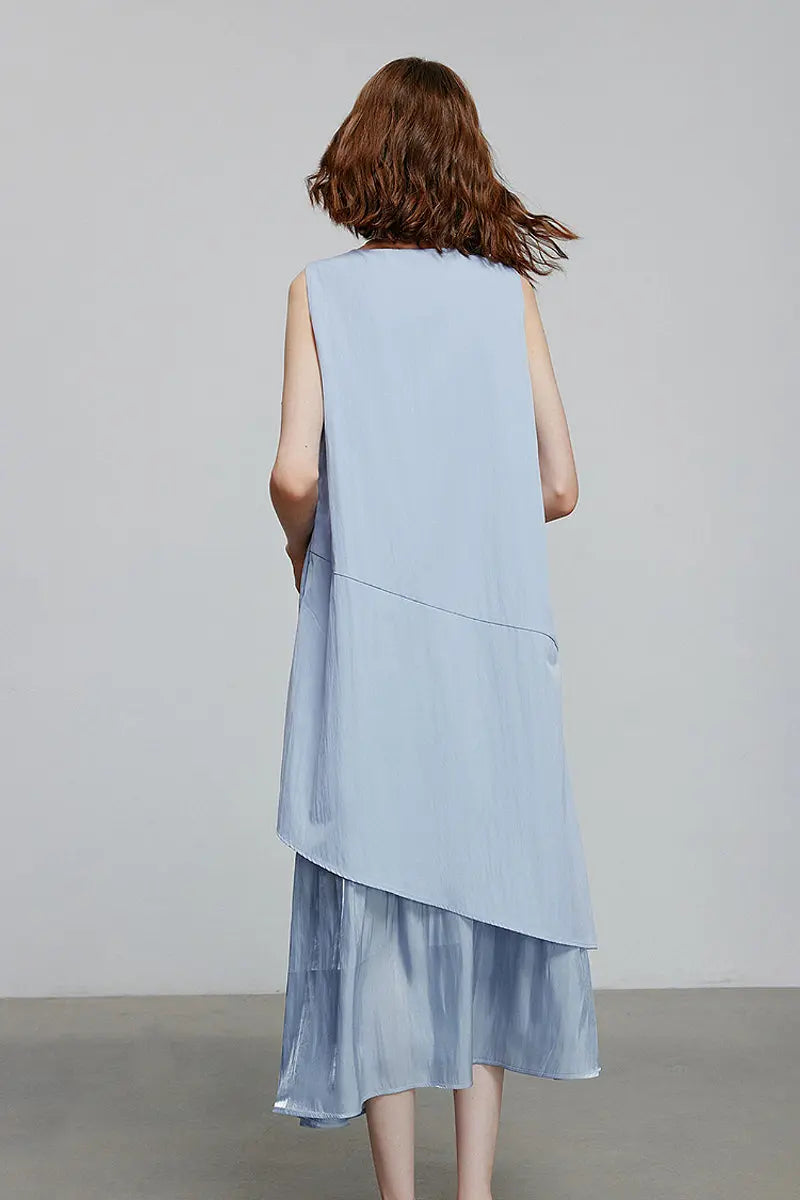 Blue Flowy Asymmetrical Sleeveless Trapeze Midi Dress