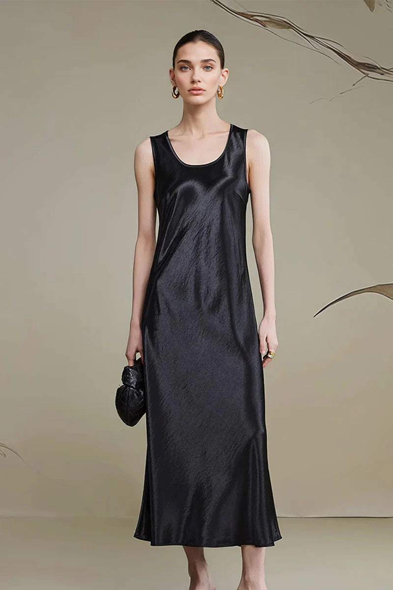 Satin Sleeveless Scoop-Neck Tank Midi Dress