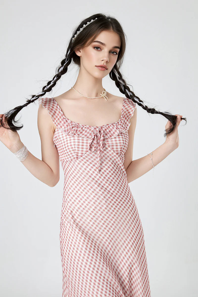 Picnic Gingham Tie-Front Ruffle-Neck Midi Dress