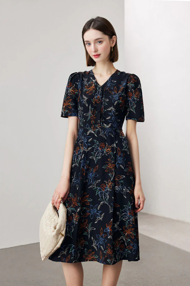 100 Mulberry Silk Floral A-Line Short-Sleeve V-Neck Midi Dress