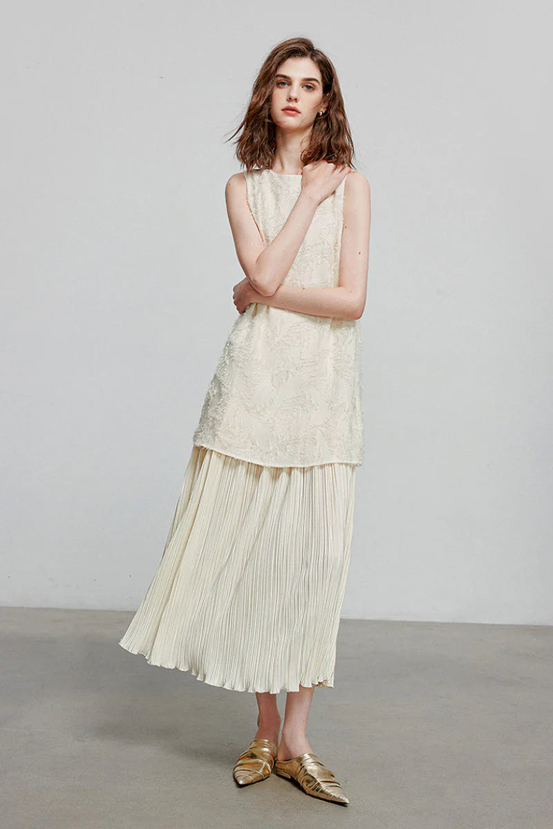 White Pleated Frayed Jacquard Mixed-Media Midi Dress