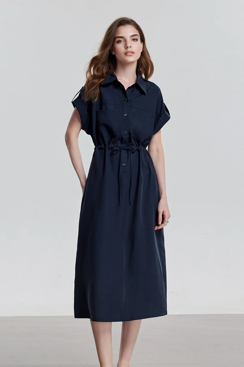 Blue Cap-Sleeve Shirt Midi Dress WIth Belt