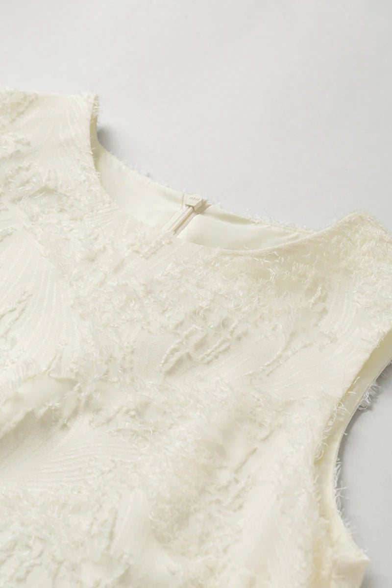 White Pleated Frayed Jacquard Mixed-Media Midi Dress