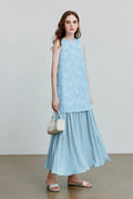 Blue Frayed Jacquard Pleated Mixed-Media Midi Dress