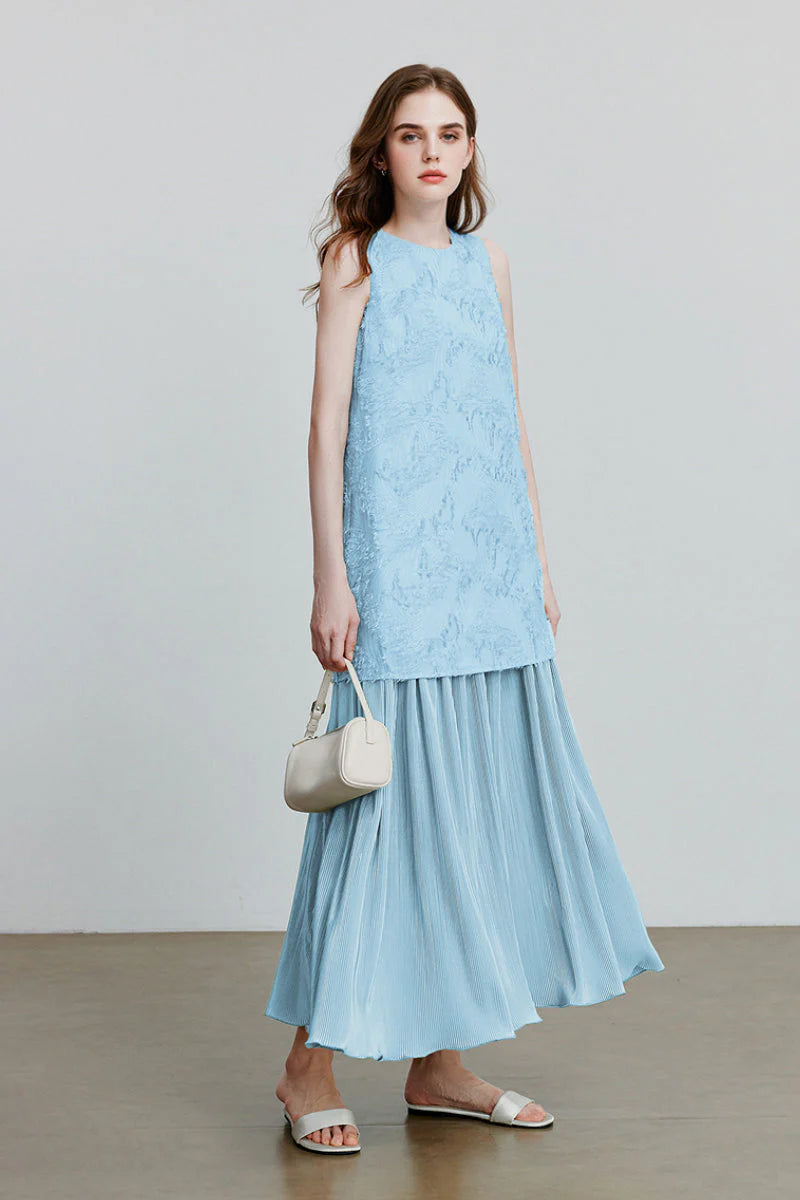 Blue Frayed Jacquard Pleated Mixed-Media Midi Dress