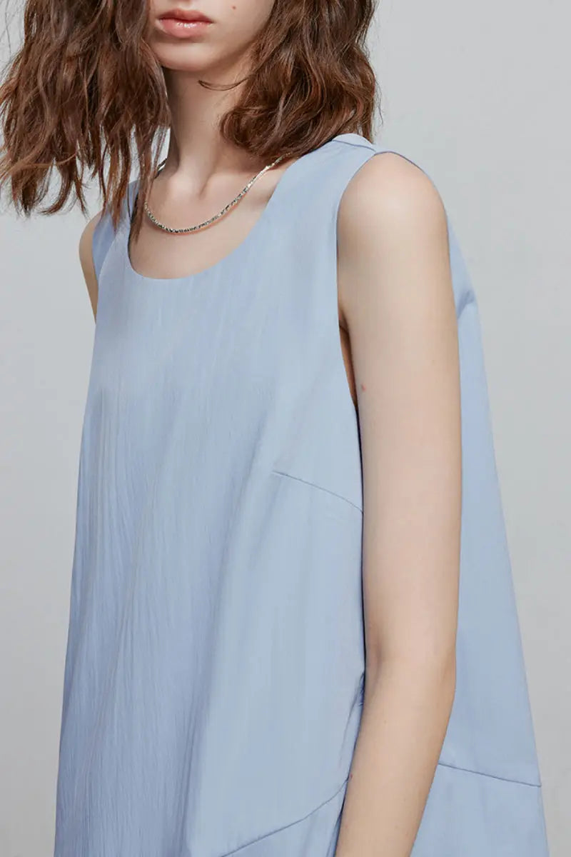Blue Flowy Asymmetrical Sleeveless Trapeze Midi Dress