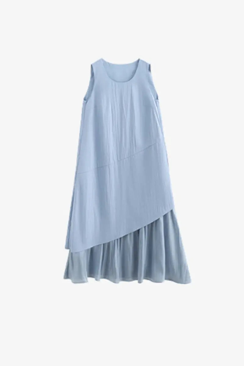 Blue Flowy Asymmetrical Sleeveless Trapeze Midi Dress