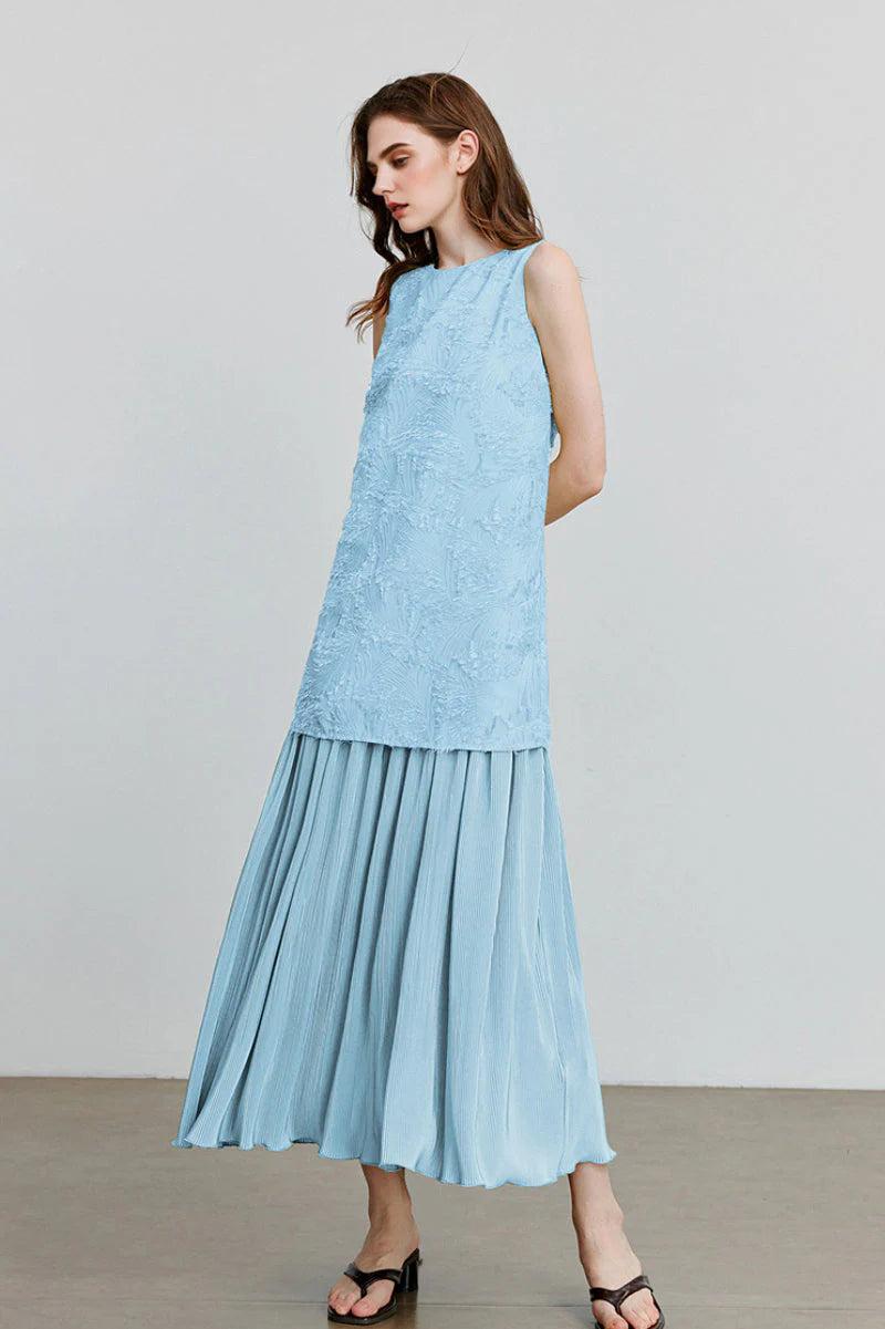 Blue Frayed Jacquard Pleated Mixed-Media Midi Dress