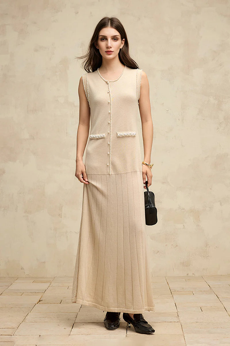 French Sleeveless Handmade Embellished Knit Midi Dress