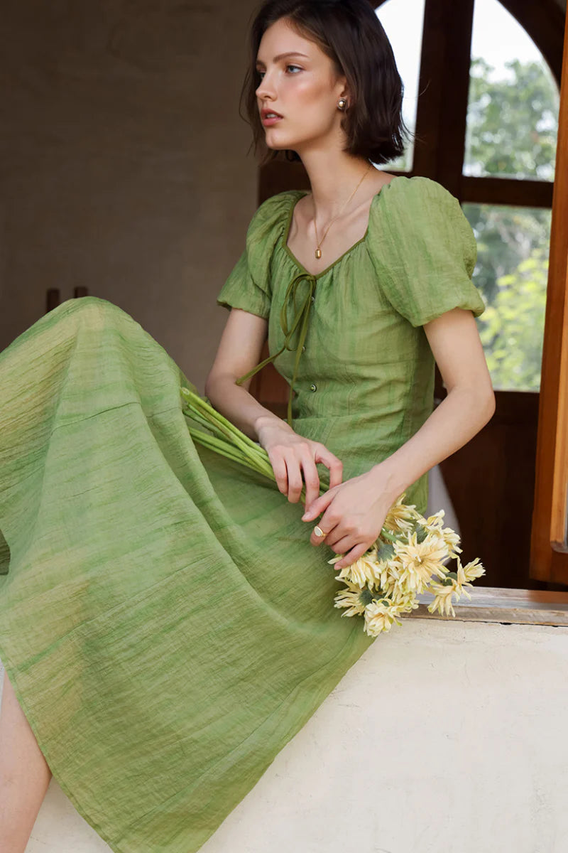 Olive Green Lyocell V-Neck Puff-Sleeve Midi Dress