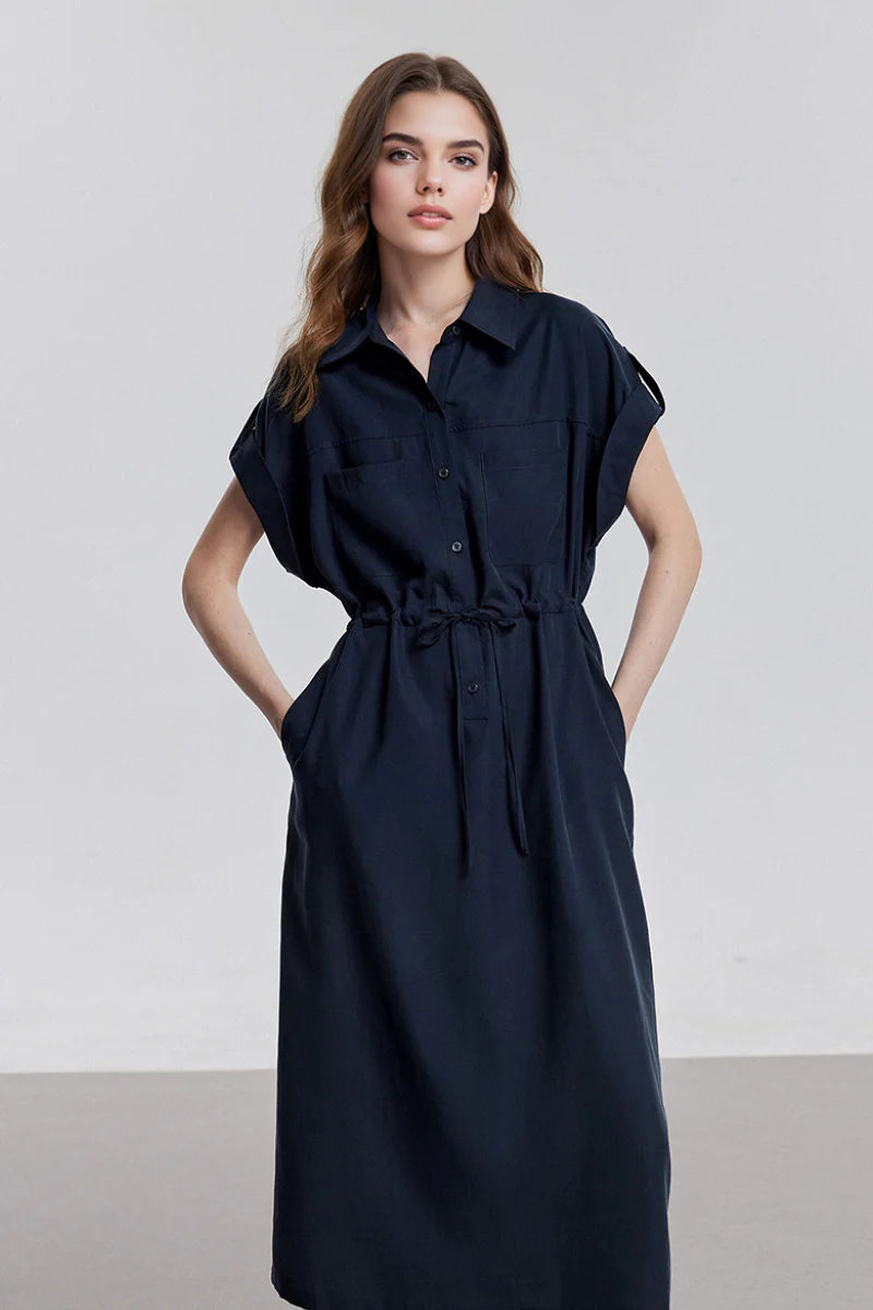 Blue Cap-Sleeve Shirt Midi Dress WIth Belt
