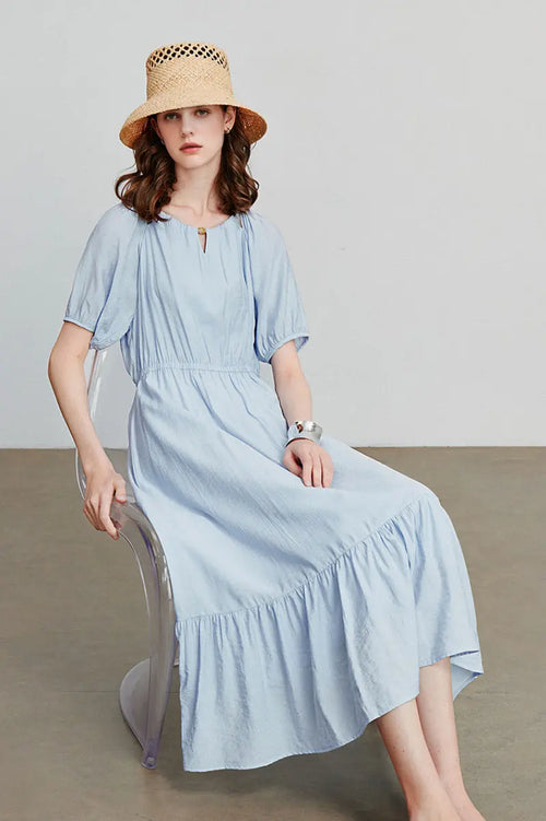 Baby Blue Textured Vacation Midi Dress with Beaded Neckline