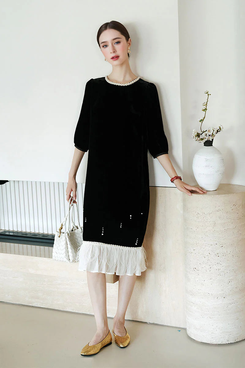 Ostrich-Feather Velvet Elbow-Sleeve Midi Dress with Pearl Trim