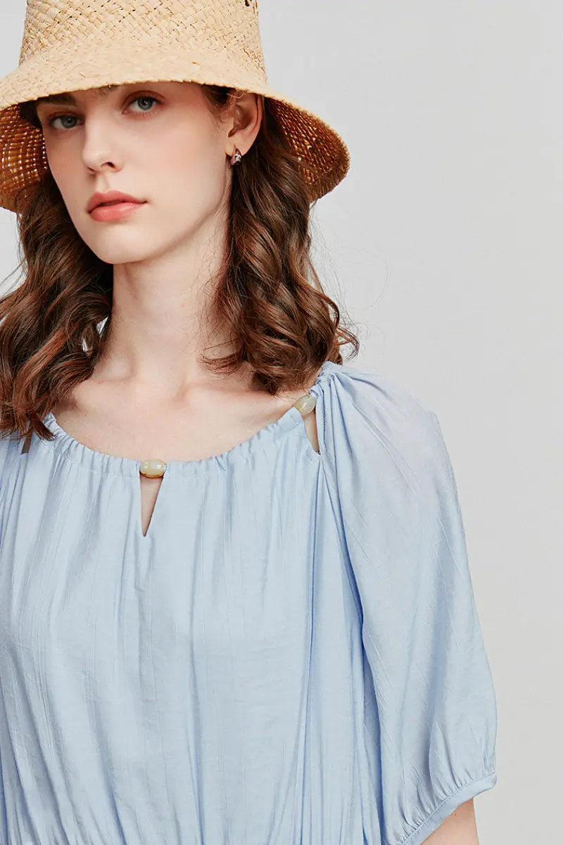 Baby Blue Textured Vacation Midi Dress with Beaded Neckline