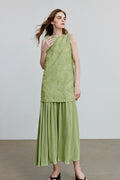 Green Frayed Jacquard Pleated Mixed-Media Midi Dress