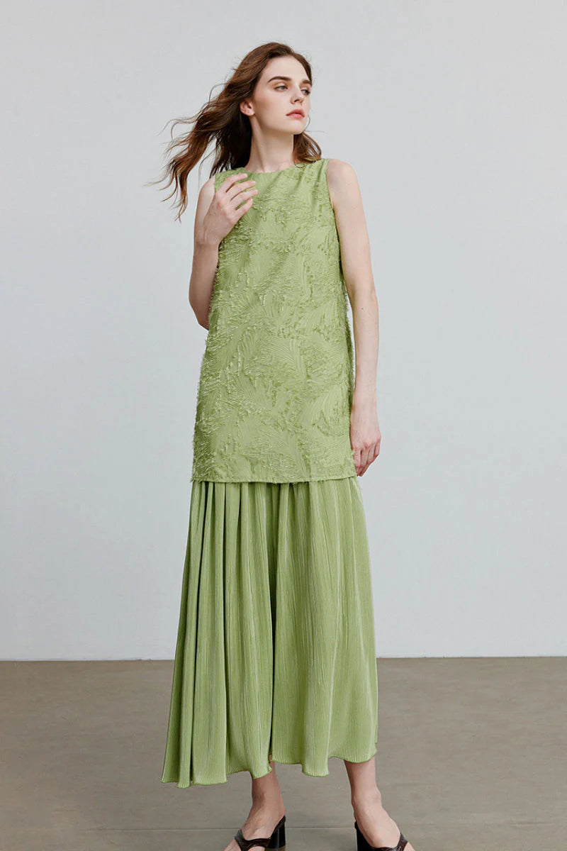 Green Frayed Jacquard Pleated Mixed-Media Midi Dress