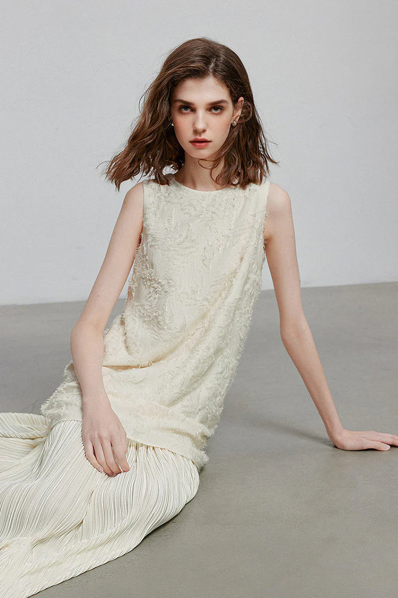 White Pleated Frayed Jacquard Mixed-Media Midi Dress