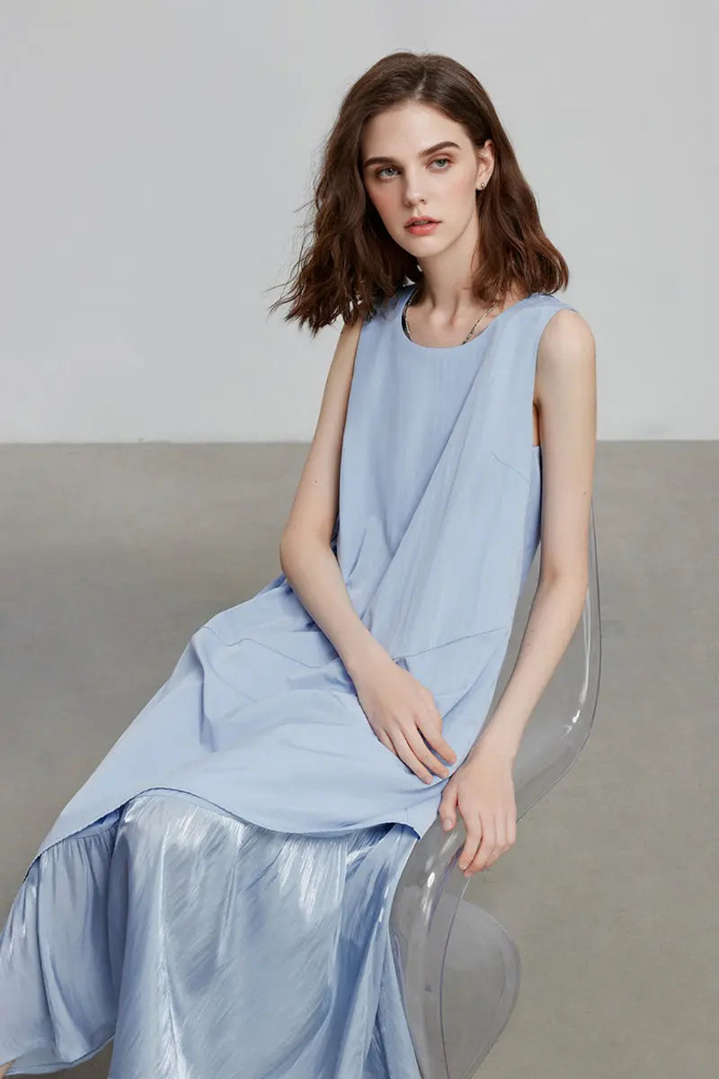Blue Flowy Asymmetrical Sleeveless Trapeze Midi Dress