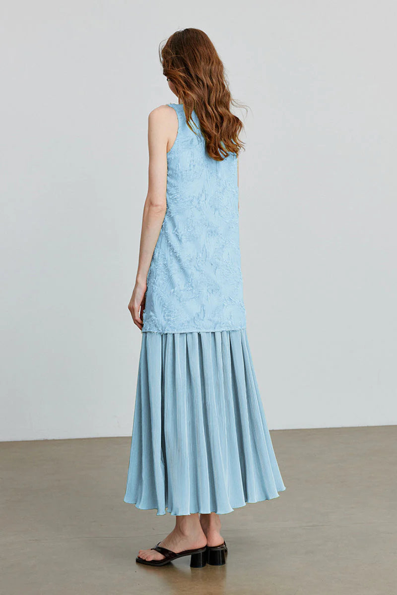 Blue Frayed Jacquard Pleated Mixed-Media Midi Dress