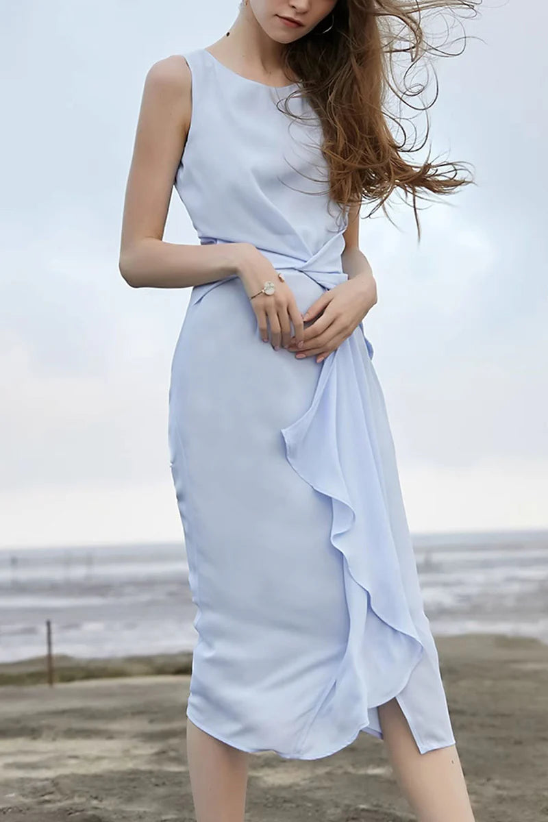 Light Blue Sleeveless Draped Midi Dress