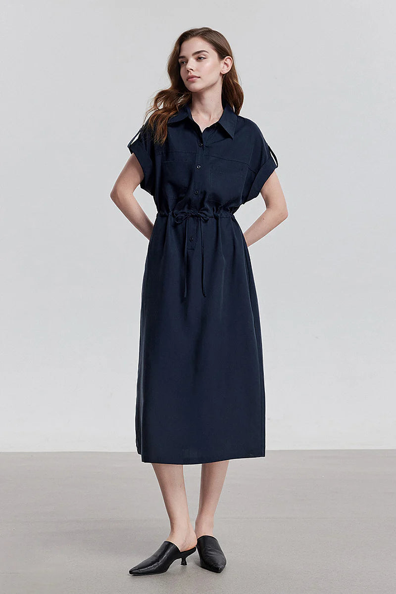 Blue Cap-Sleeve Shirt Midi Dress WIth Belt